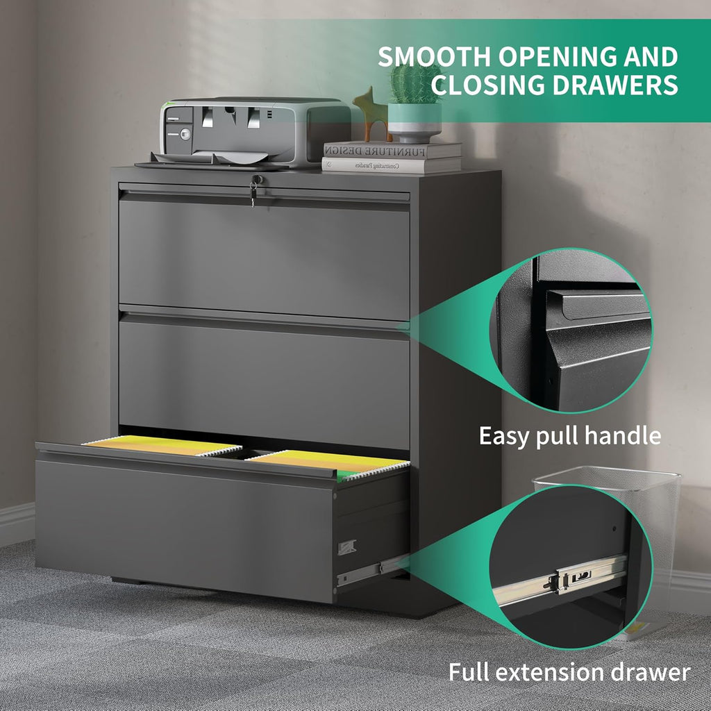 IKIMI 3 Drawer Lateral File Cabinets with Lock,Black Metal Lateral Filing Cabinet for Home Office,Wide Steel Storage Cabinet Commercial Drawer Cabinets for Legal/Letter/A4 Size Files Assembly Required
