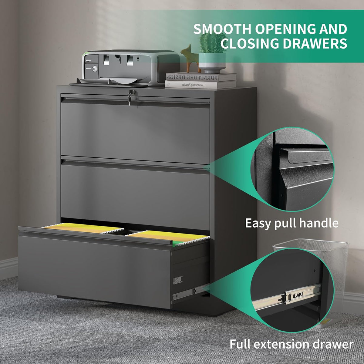 IKIMI 3 Drawer Lateral File Cabinets with Lock,Black Metal Lateral Filing Cabinet for Home Office,Wide Steel Storage Cabinet Commercial Drawer Cabinets for Legal/Letter/A4 Size Files Assembly Required