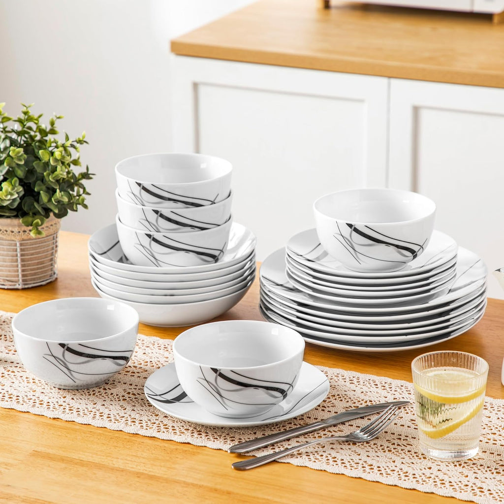 VEWEET Porcelain Dinnerware Sets for 6, 24 Pieces Plates and Bowls Set with Black and Grey Ribbon Lines, Dishes Set Dining Ware for Dinner, Microwave and Dishwasher Safe, Series FIONA