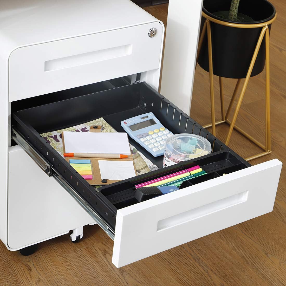 Garvee 3 Drawer File Cabinet with Lock, Under Desk Mobile Metal Filing Cabinet for Home Office, 5 Wheel Anti-Tilt Rolling File Cabinets for A4/Letter/Legal Size, Fully Assembled