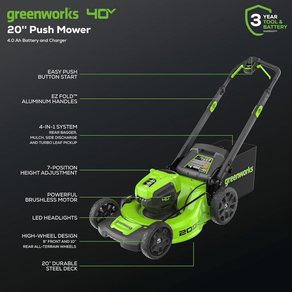 Greenworks 40V 20" Cordless Battery Push Lawn Mower, 13" String Trimmer & 350 CFM Leaf Blower w/ 4.0Ah Battery & Charger