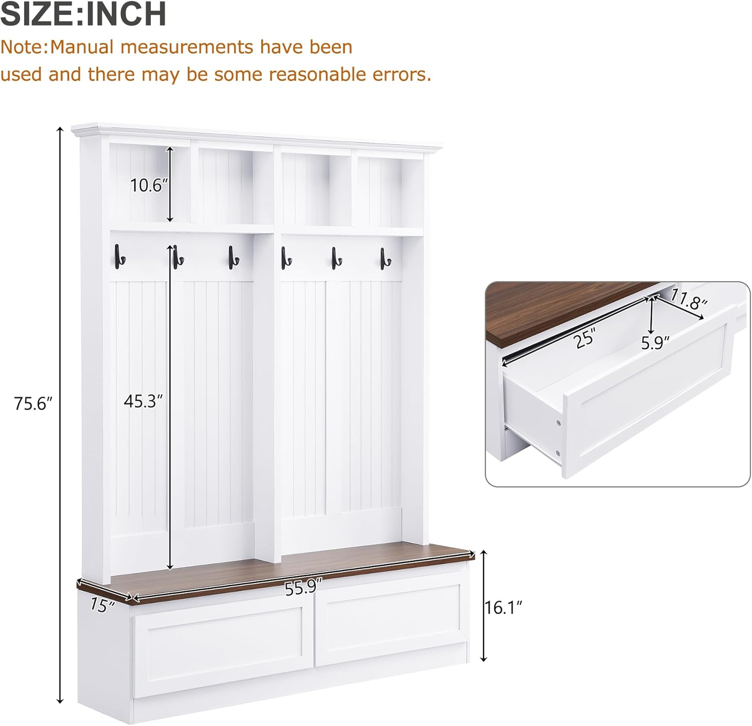 LUMISOL Mudroom Coat Rack with 2 Large Drawers, Entryway Hall Tree with Storage Bench, Farmhouse Shoe Cabinet with 6 Hanging Hooks, for Hallway, White