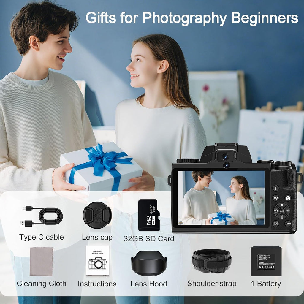 8K Digital Cameras for Photography, WiFi 64MP Vlogging Camera for YouTube, 4" Touch Screen Digital Camera with Dual Lens, Auto Focus, 16X Digital Zoom, 3000mAh Battery, 32GB Card, Black