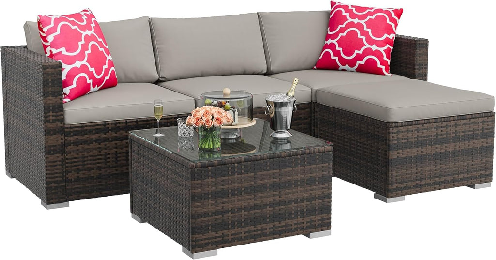 GAOMON 5-Piece All-Weather Patio Furniture Set, Convertible Outdoor Sectional Sofa with Ottoman & Tempered Glass Table, PE Rattan Conversation Set for Garden, Backyard, Porch, Poolside
