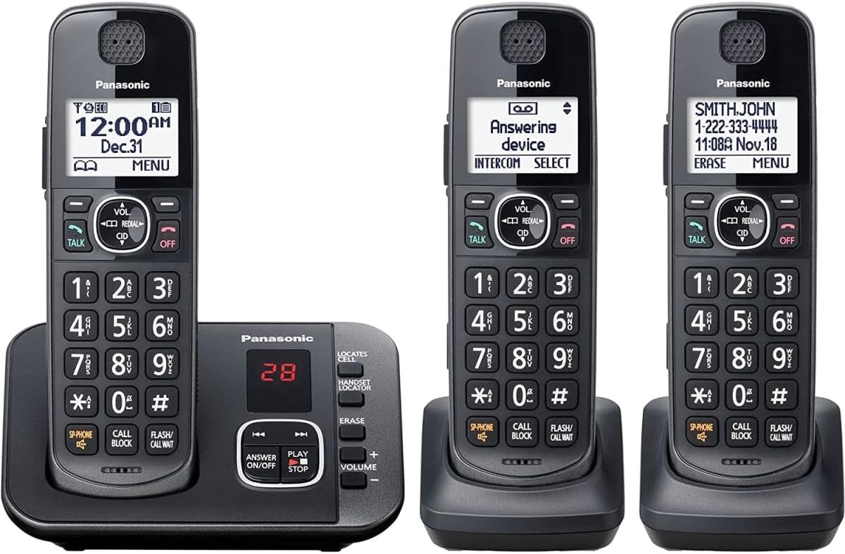 Panasonic DECT 6.0 Expandable System, Cordless Phones With Answering Machine and Call Blocking - 3 Cordless Phones 3 Handsets - KX-TGE633M (Metallic Black)