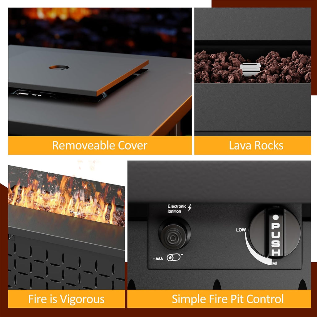 Vongrasig 43" Gas Fire Pit for Outside, 50,000 BTU Outdoor Propane Fire Pit Table with Lid & Lava Rock, Steel Rectangular Fire Table for Patio, Backyard, Deck, Garden, Black