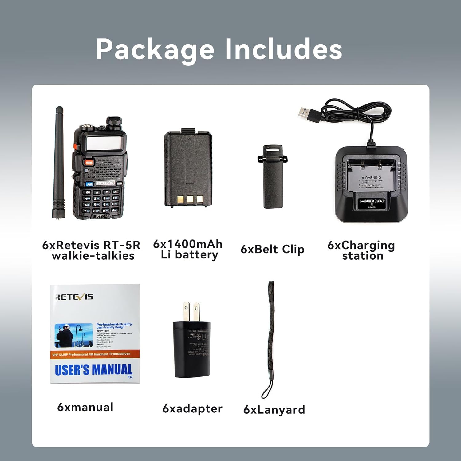 Retevis RT-5R Dual Band Two Way Radio, Walkie Talkie with Earpieces, 128CH,High Power, Emergency Alarm, VOX, 1400mAh Battery, FM, 2 Way Radio Long Range for Aldults School Church Security (6 Pack)