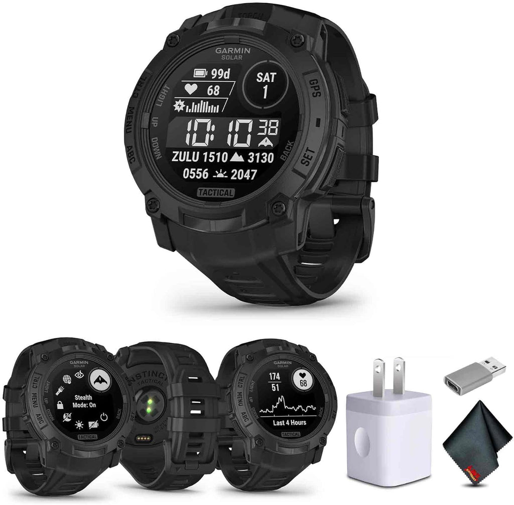 Garmin Instinct 3 Tactical Edition, Solar Charged 50mm Display, Outdoor Rugged GPS Smartwatch Bundle with USB Wall Charger + Microfiber Cleaning Cloth