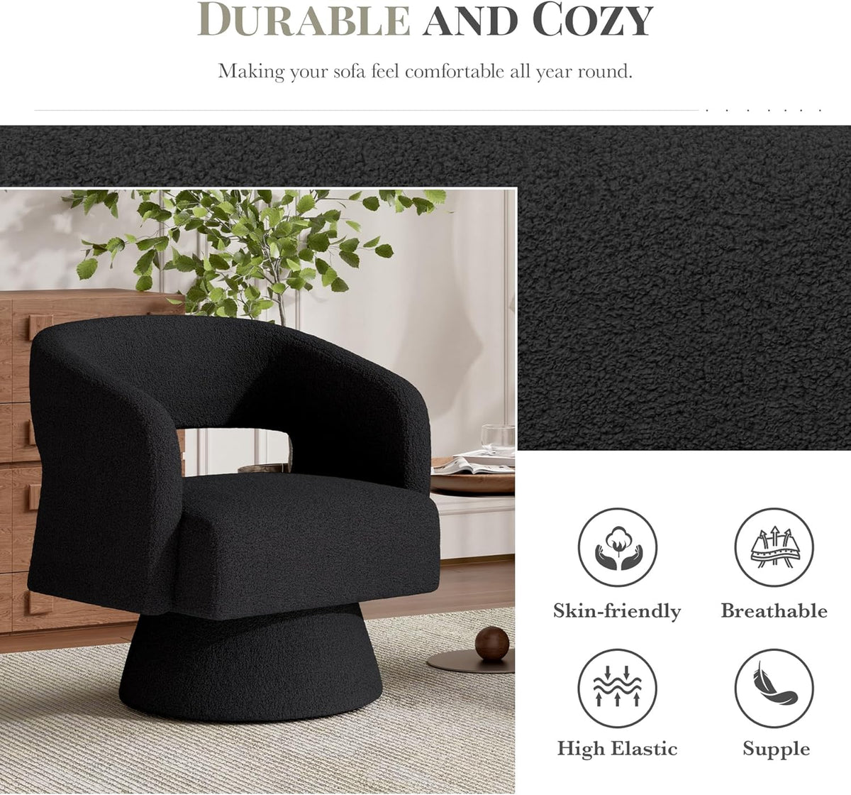 Luxanimarion Swivel Barrel Accent Chair,Oversized Teddy Upholstered Round Swivel Chair,Modern Luxury 360 Degree Living Room Vanity Chair for Bedroom Office,Black,2PCS