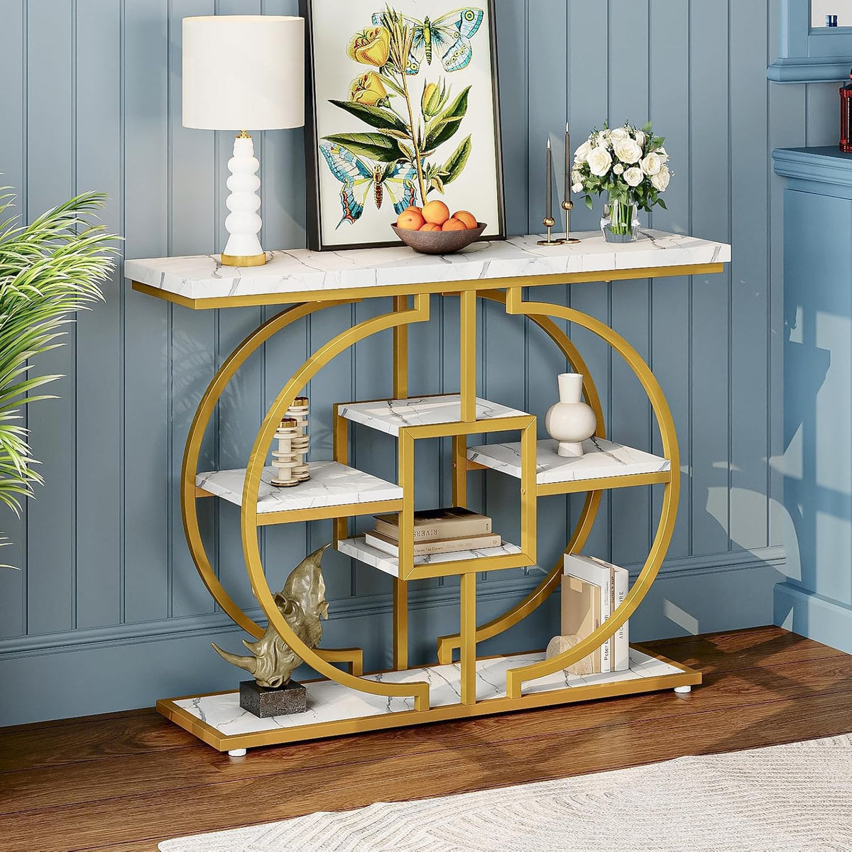 GiftGo Narrow Console Table for Entryway Industrial 4-Tier Sofa Table Behind Couch with Circle Base Rustic Wooden Accent Tables with Storage Shelves for Living Room, Hallway, Foyer (Gold and White)