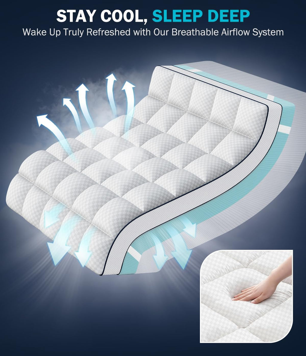 Dual Layer 4 Inch Memory Foam Mattress Topper Queen Size, 2" Cooling Gel Memory Foam & 2" Pillow Top Bed Topper, CertiPUR-US Mattress Cover for Pressure Relief, 21" Deep Pocket, White
