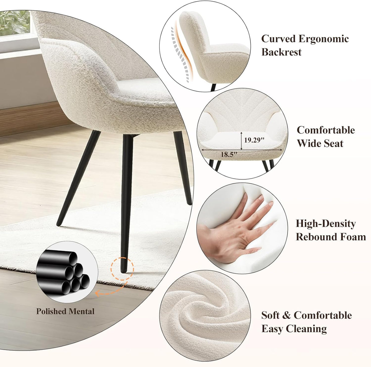 MALOL Mid-Century Sherpa Upholstered Accent Chair, Cozy Armchair with Curved Backrest, Sturdy Metal Legs, Soft Fabric Chair for Living Room, Bedroom & Reading Area,Beige