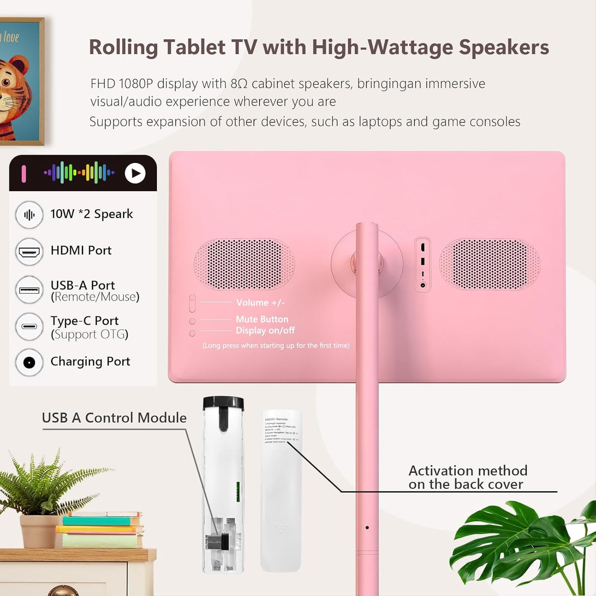 OFD 32" Portable TV on Wheels FHD,Android 15,EDLA-Certified,Rolling TV with 8+128GB ROM,Portable Touch Screen Monitor,Built-in Battery 6-8H Play Time,Voice Remote Control,8MP Webcam,Speaker,Rotatable
