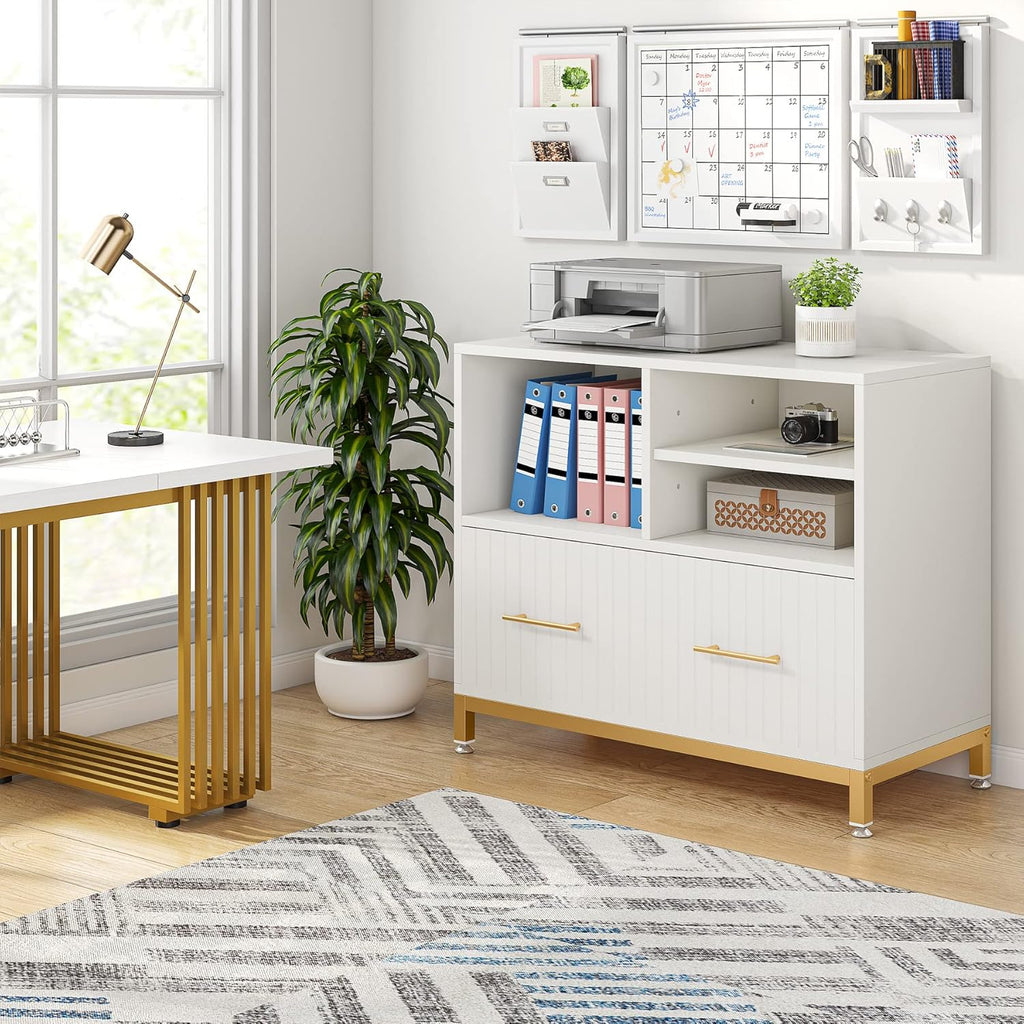 Tribesigns Lateral File Cabinet with Drawer, White Filing Cabinet for Letter/Legal/A4 Size Files, 35.4" Modern Wood File Storage Cabinets Printer Stand with Storage for Home, Office, White Gold