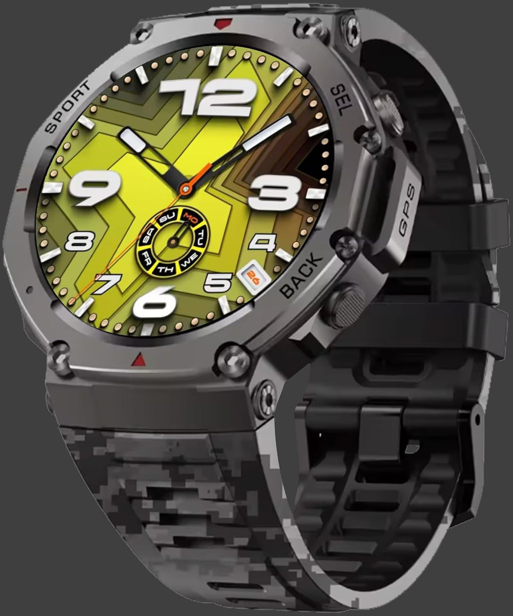 Outdoor GPS Smartwatch, 1.43" AMOLED Display, Titanium Alloy, 5ATM Waterproof, 22-Day Battery, 170+ Sport Modes, Compass, Heart Rate/SpO2/Stress/Sleep Monitor, for Android iOS Men Women (Camo Gray)