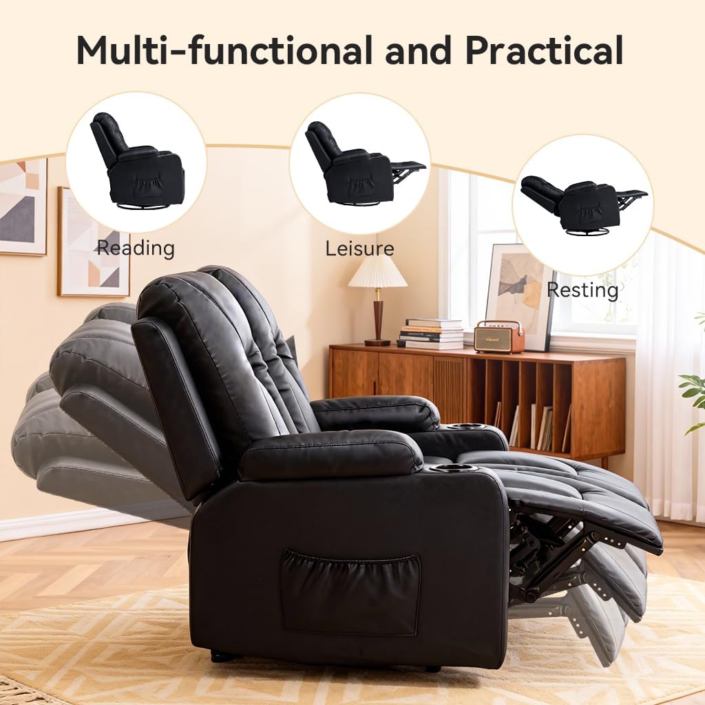 COMHOMA Living Room Furniture Set,Faux Leather Manual Recliner Sofa Sets with Cup Holders,Reclining Couch,Loveseat and Armchair,3,Black
