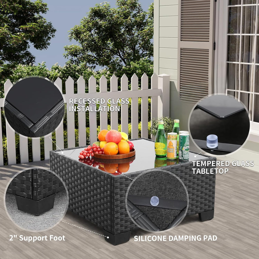 Rattaner 10 Pieces Outdoor Sectional All-Weather Wicker Patio Furniture Set Patio Sectional and Steel Fire Table and Glass Patio Table Non-Slip Cushions and Waterproof Covers, Khaki