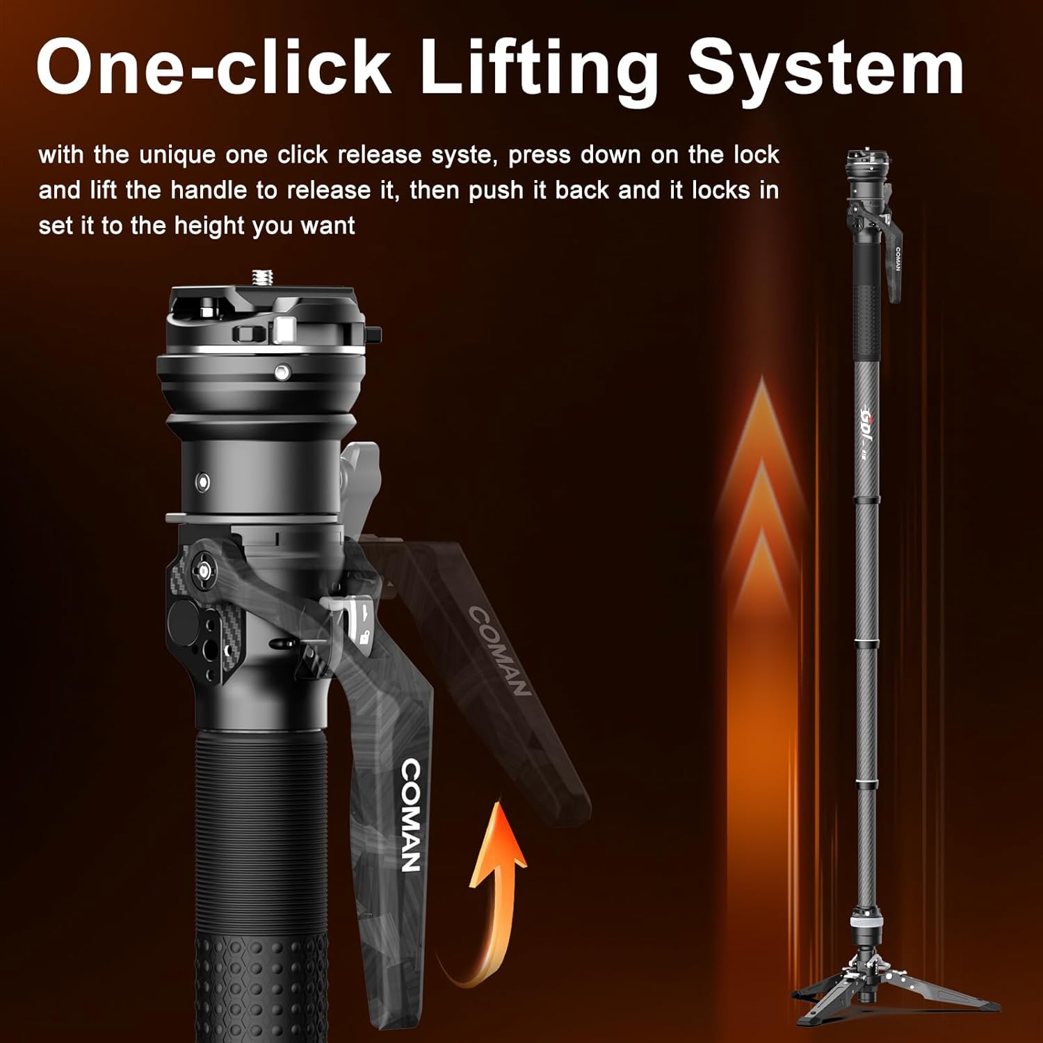 COMAN One-Click Lifting Monopod with Feet, 65'' Travel Monopod with 360° Ball Bowl Head, Lightweight Camera Tripod with Arca Quick Release for Canon Nikon, DSLR Cameras, Max Load 22lbs/10kg (M1S)