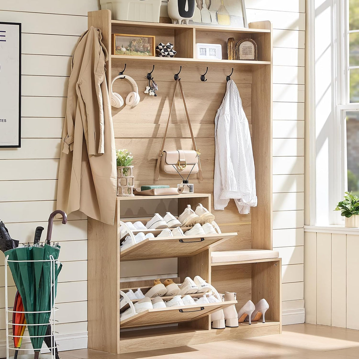 LEYAOYAO 78" Tall Boho Hall Tree with Bench & Shoe Storage, 4-in-1 Mudroom Rattan Coat Rack with 2 Flip Drawers & Cushioned Stool, Entryway Hall Tree Cabinet with 6 Hooks for Garage, Natural Oak