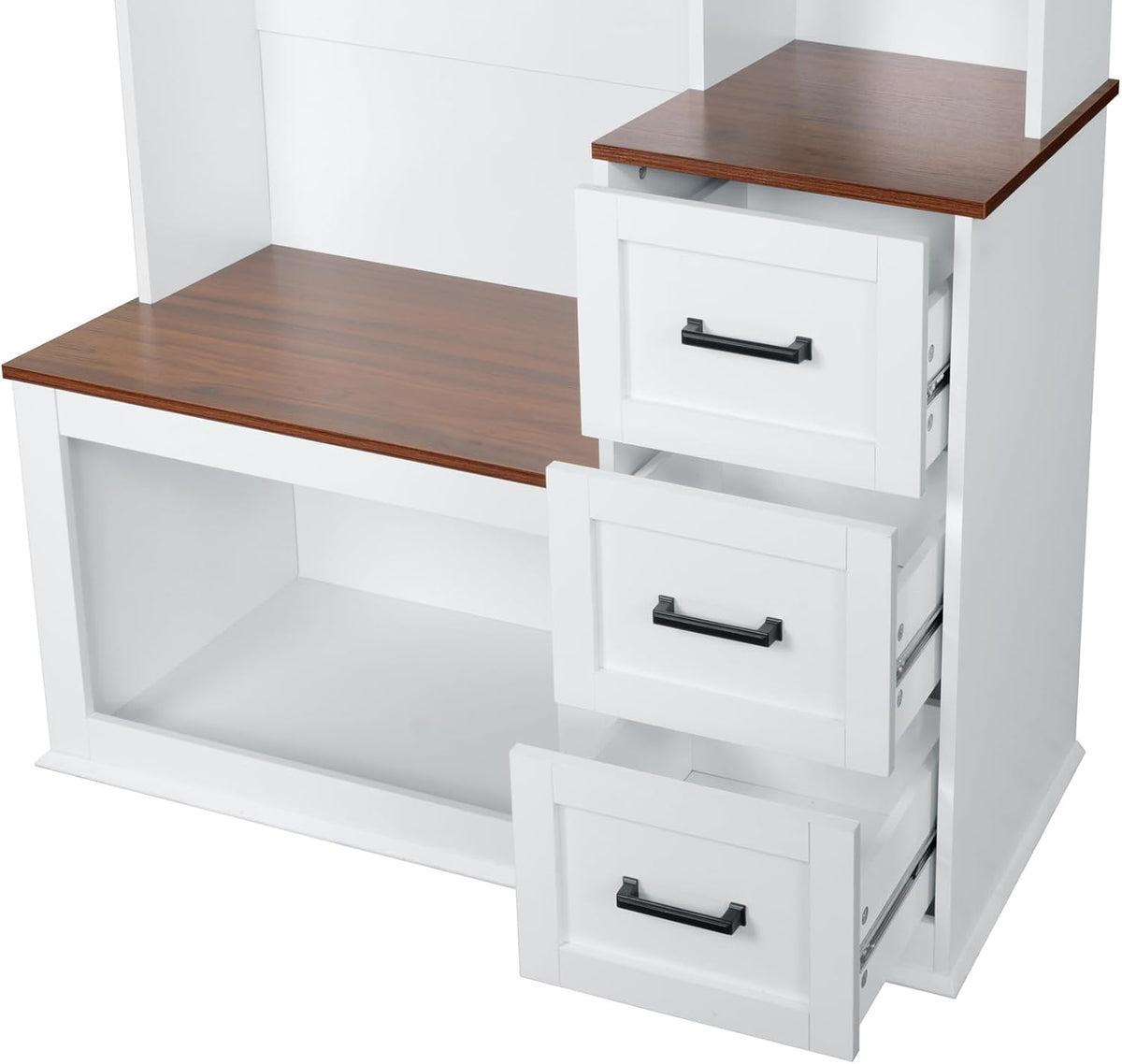 40.2" W Hall Tree with Bench and Shoe Storage, Modern Entryway Bench with 3 Hooks, 3 Shelves and Drawers for Living Room, Hallway, Entryway, White