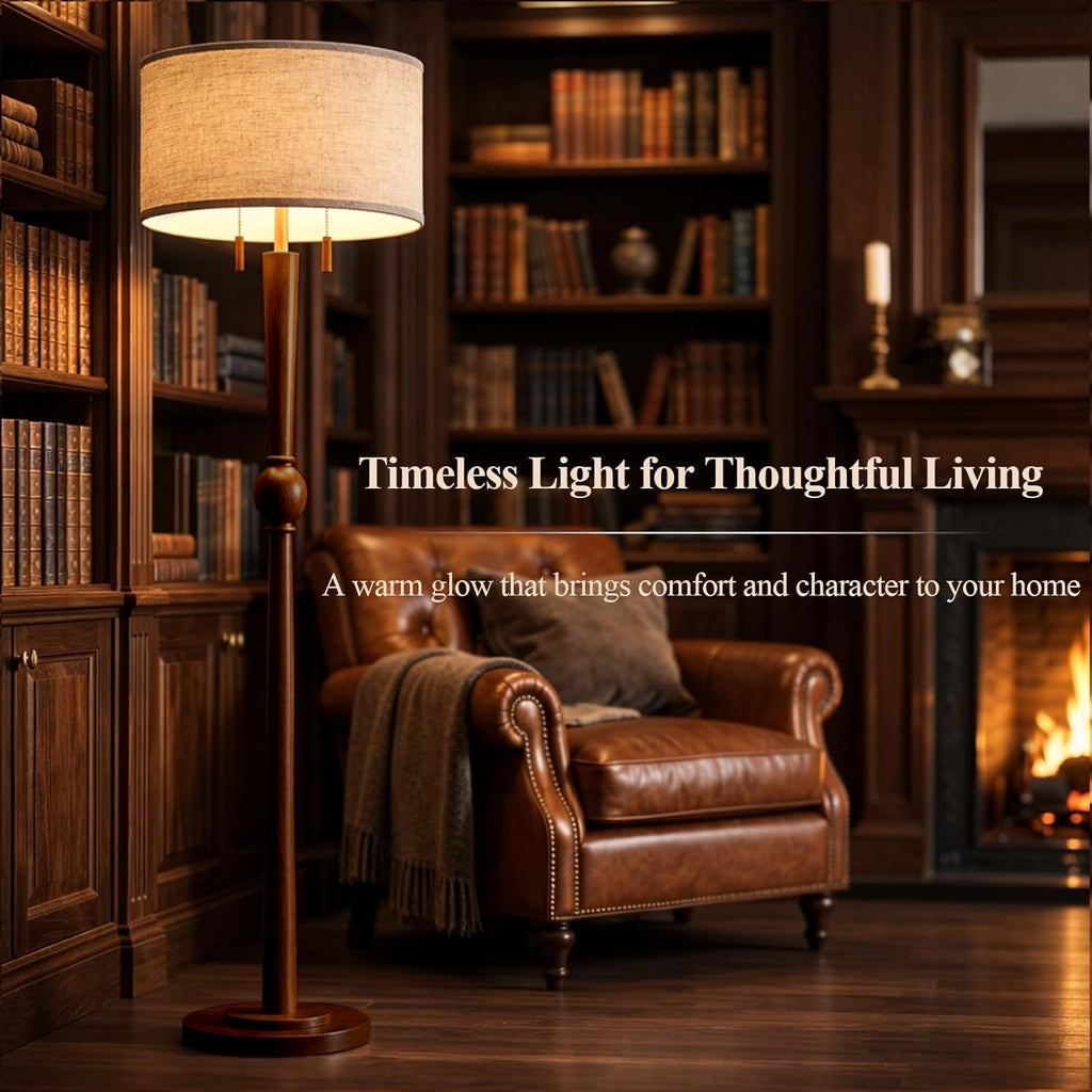 MOFFE 62.8" Solid Wood Floor Lamp,Tall Standing Floor Lamp with 2-Light Pull Chain, 17" Linen Drum Shade, Sculptural Wood Base & Stem,Transitional Floor Lamp for Living Room Bedroom, Includes 2 Bulbs