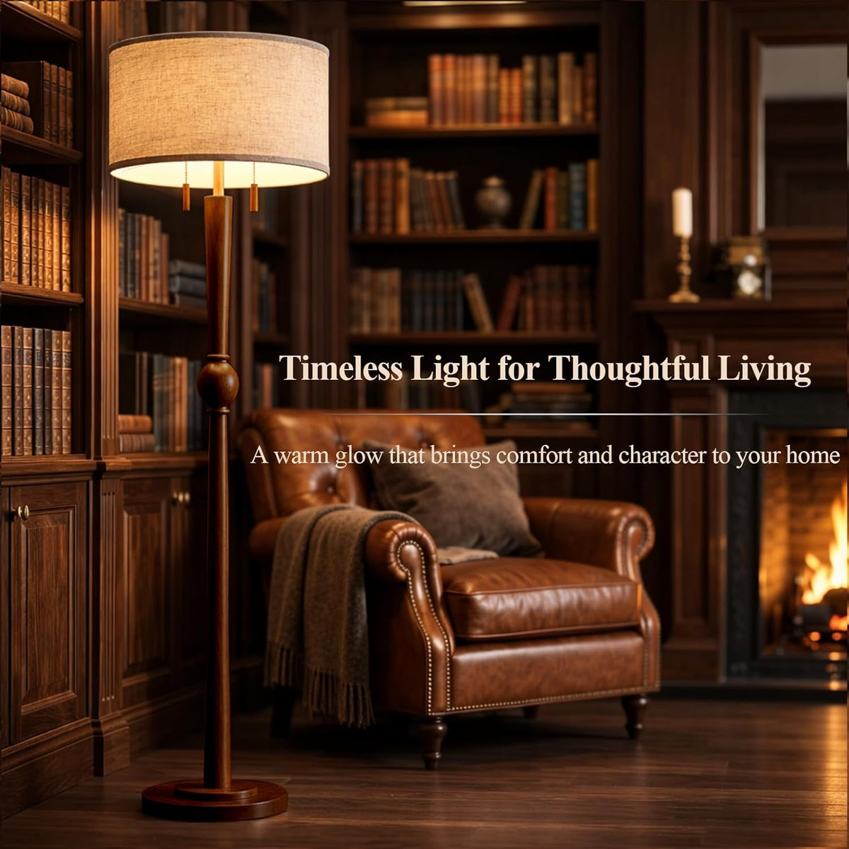 MOFFE 62.8" Solid Wood Floor Lamp,Tall Standing Floor Lamp with 2-Light Pull Chain, 17" Linen Drum Shade, Sculptural Wood Base & Stem,Transitional Floor Lamp for Living Room Bedroom, Includes 2 Bulbs