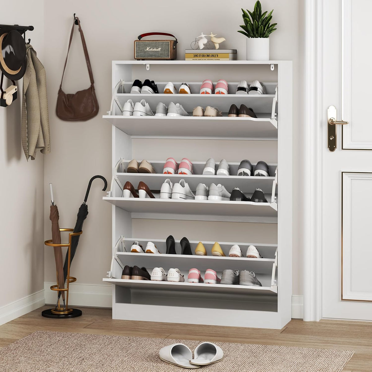 BORNOON Shoe Cabinet with 3 Flip Drawers, Hidden Wood Shoe Cabinet,Freestanding Shoe Storage Cabinet for Entryway Hallway.White. 47.2" H*31.5" W*9.45" D.