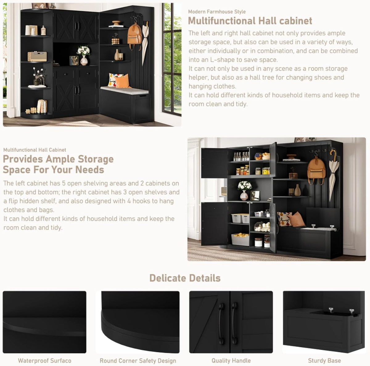 Multifunctional Left-Right Combination Hall Cabinet, Hall Tree with Storage and 4 Hooks, Storage Cabinet for Living Room, Kitchen and Hallway, Black