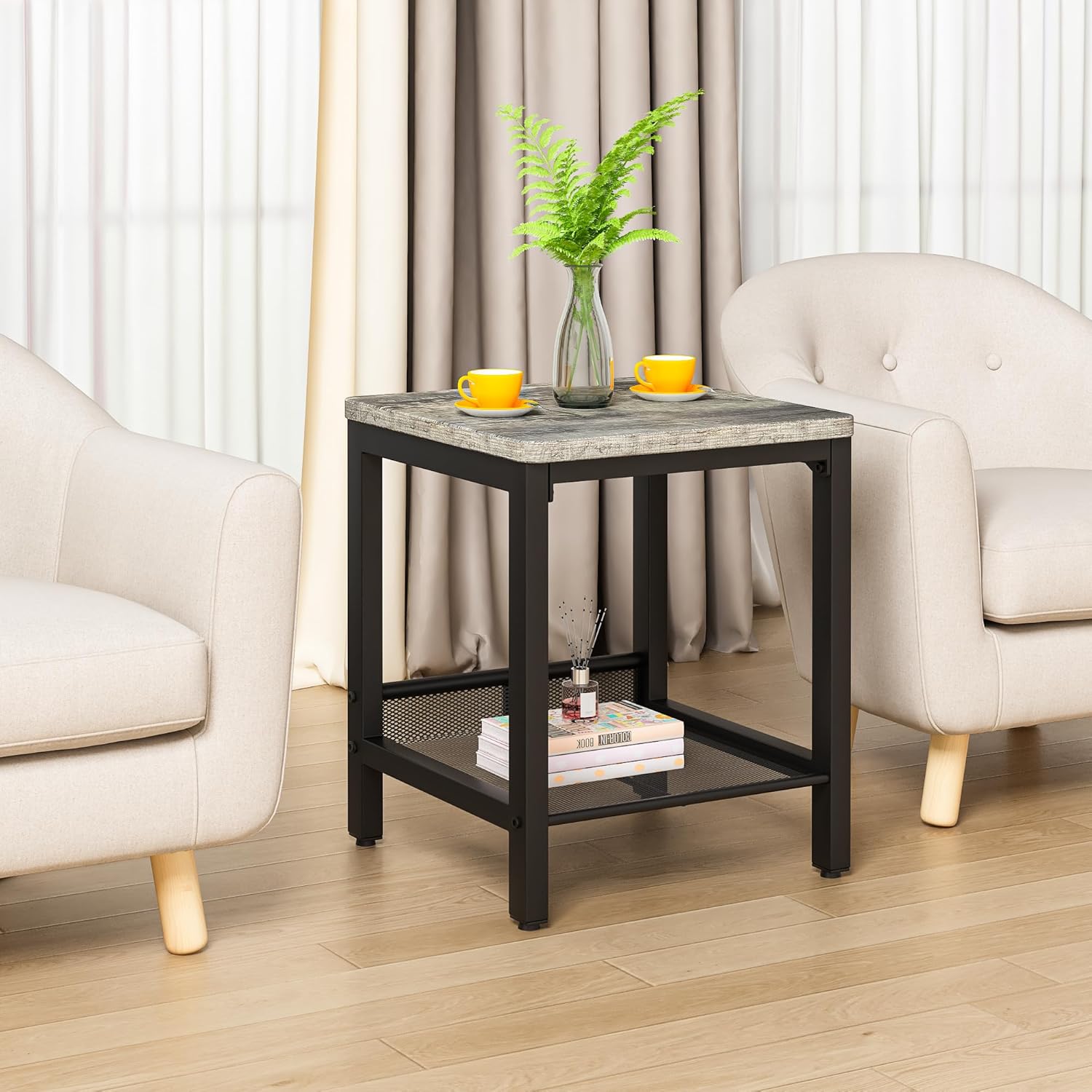AWQM Coffee Table Set of 3, Industrial Coffee Table with 2 Square End Side Tables, Modern Living Room Table Set with Metal Frame for Apartment Home Office, Grey
