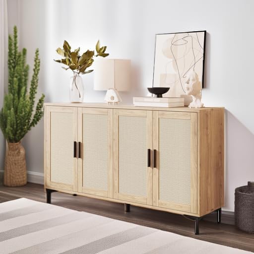 JASIWAY Buffet Cabinet with Storage, 48" Rattan Sideboard with Adjustable Shelves, Modern Coffee Bar Cabinet Console Table with Doors, Credenza for Kitchen, Living Room, Entryway, Dining Room, Wood