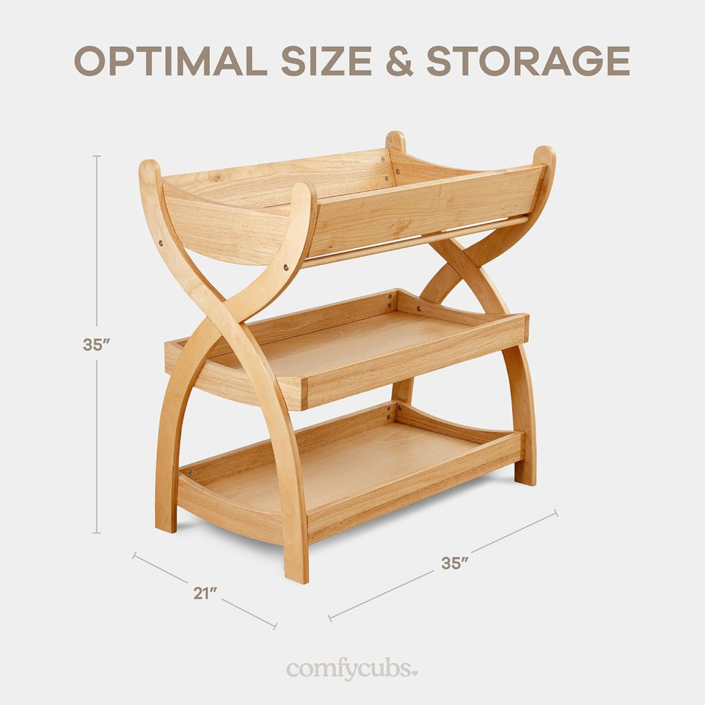Comfy Cubs Baby Changing Table - Sturdy Wood Construction, Timeless Look Baby Change Table with Two Open Shelves for Infant Daycare Essentials Storage - Natural Wood