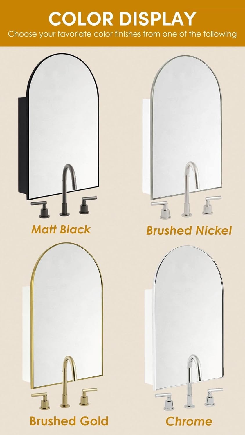 TEHOME 24 x 36'' Brushed Gold Arch Bathroom Medicine Cabinet with Mirror Recessed and Surface Mounted Medicine Cabinet Mirror