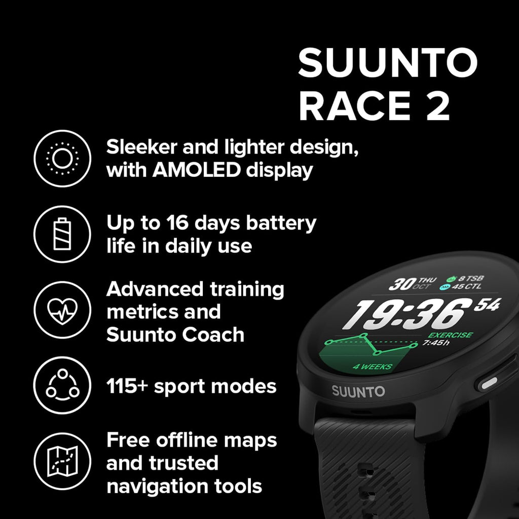 SUUNTO Race 2 GPS Sports Watch, 1.5" AMOLED Touchscreen w/Crown, 16 Days Battery Life, Training Metrics and Recovery Insights, Dual-GNSS, 32GB Global Offline Maps, Lightweight, All Black