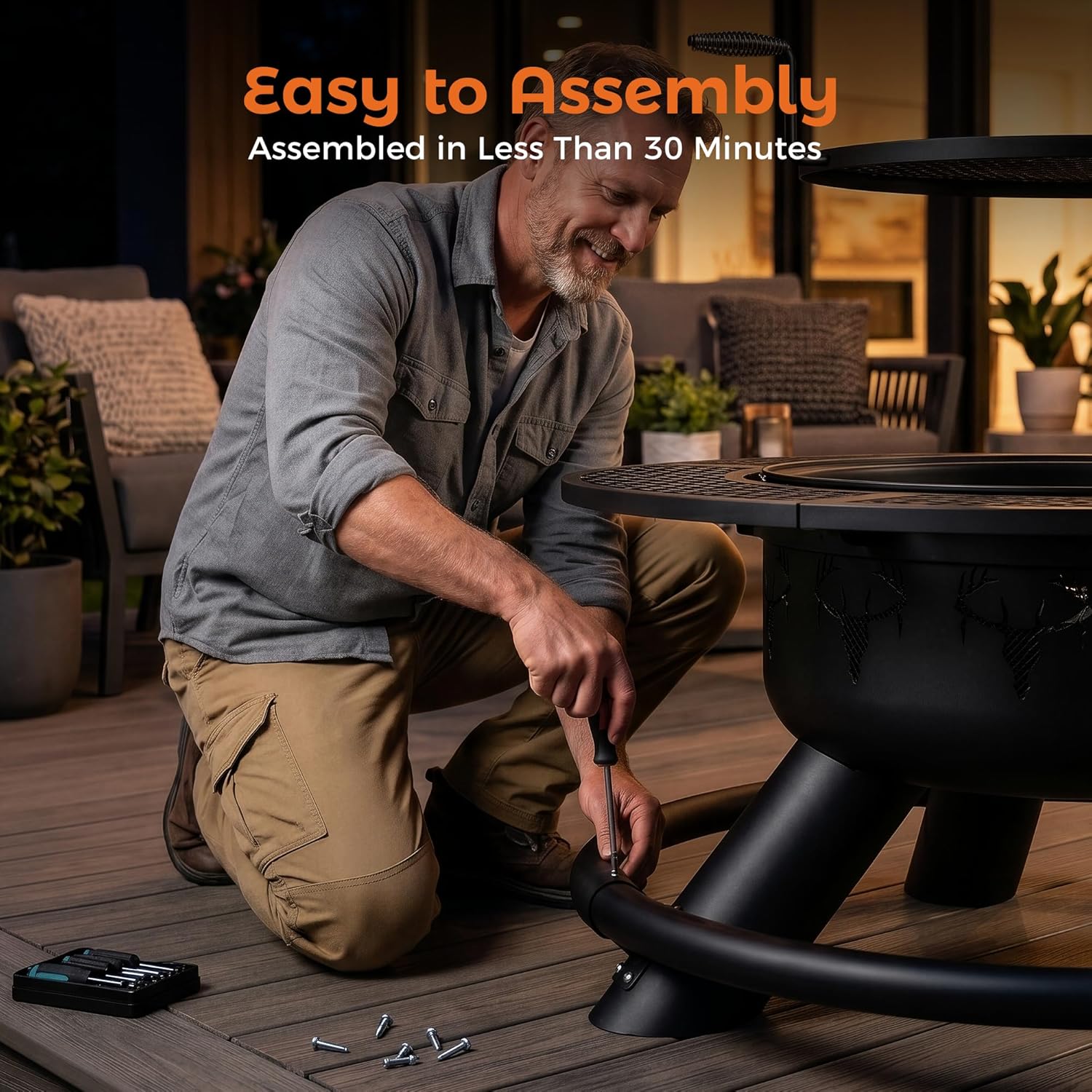 BALI OUTDOORS Fire Pit with Poker, Outdoor Fire Pit Extra Large, Wood Burning Firepits for Outside with Grill, 47 inch