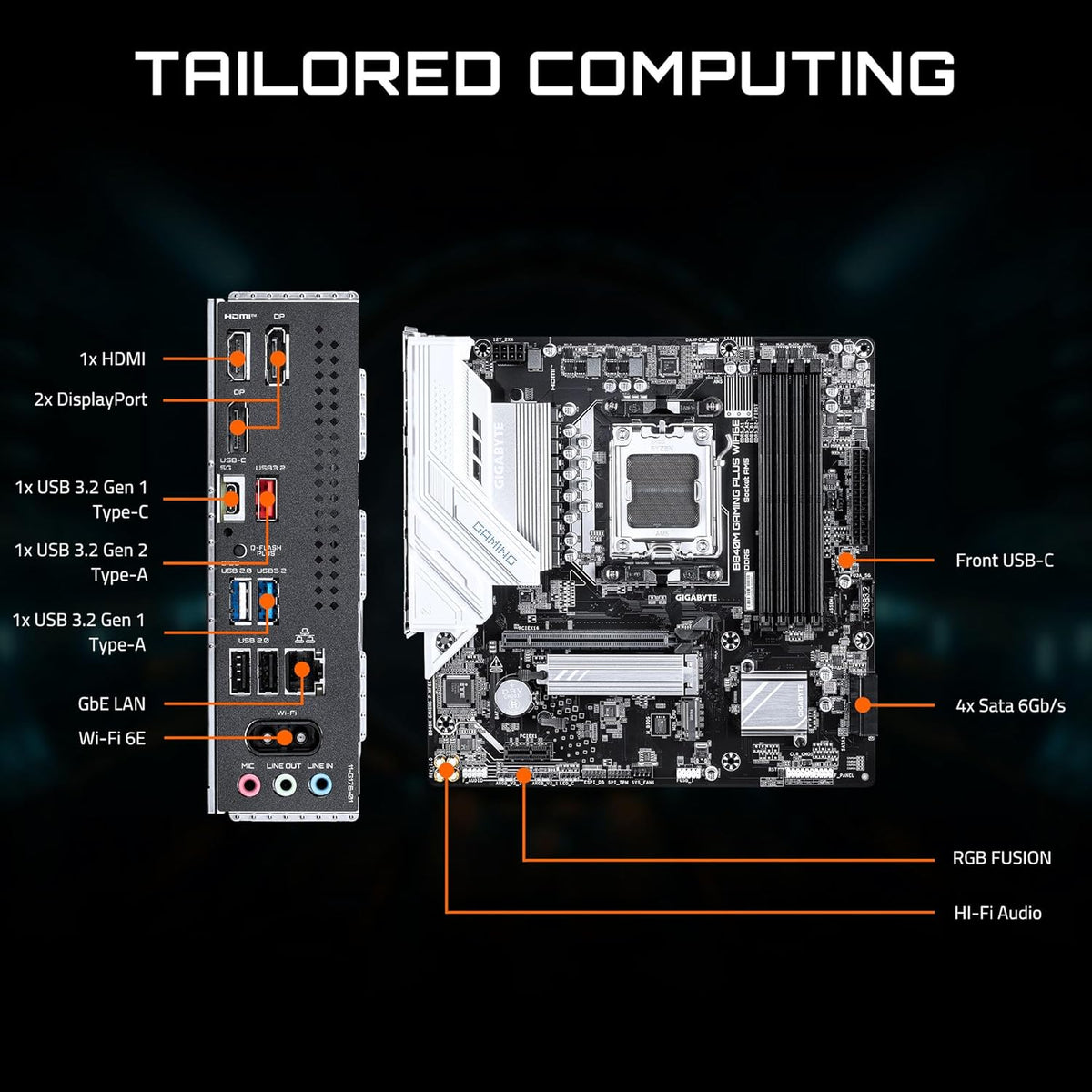 GIGABYTE B840M GAMING PLUS WIFI6E AMD AM5 mATX Motherboard, Support Ryzen 9000/8000/7000 Series, 8+2+2 Power Phase, DDR5, 2x M.2, PCIe 4.0, USB-C 3.2 Gen 1, WiFi 6E, GbE LAN, EZ-Latch, 3-Year Warranty