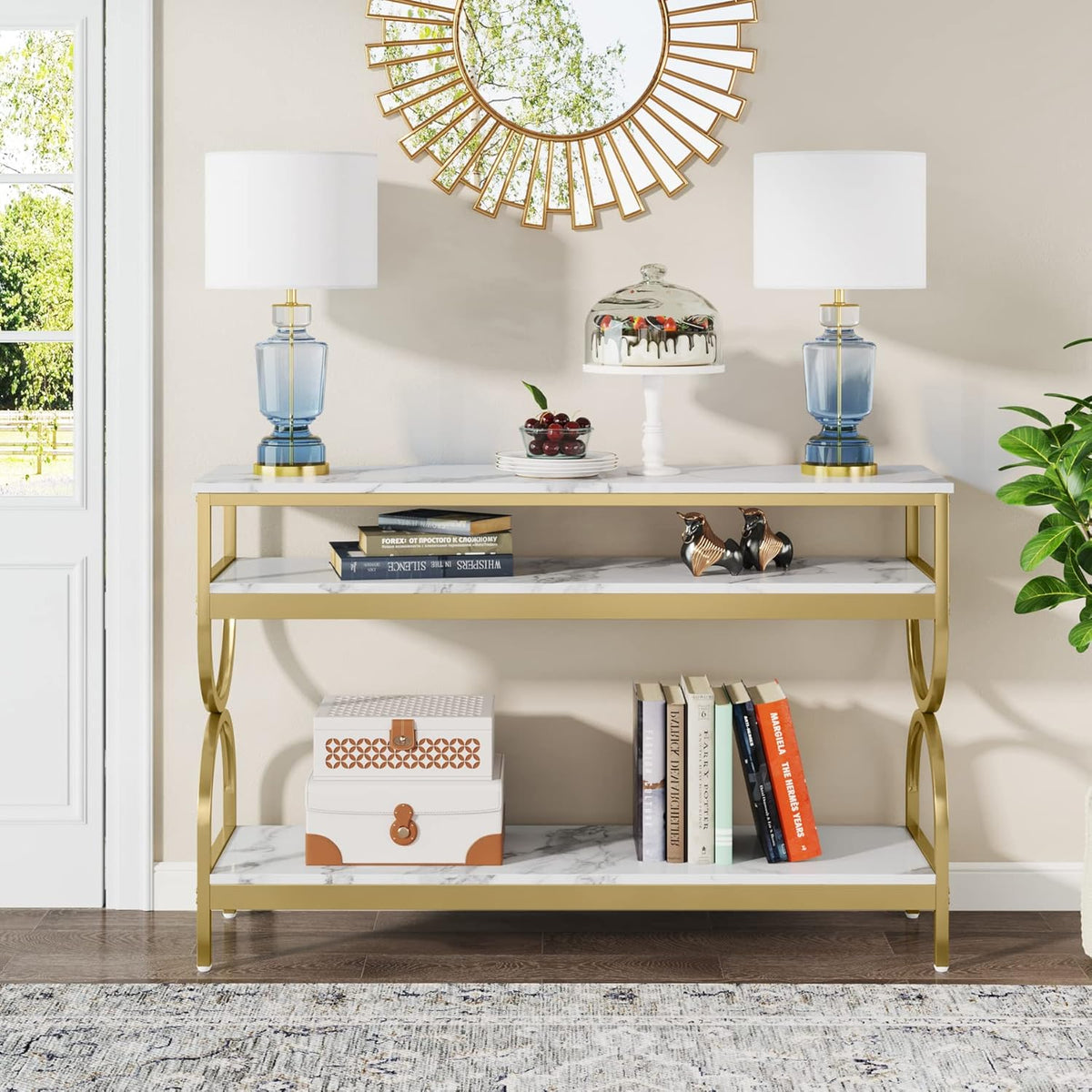 Tribesigns 3-Tier Console Table, 55 inch Sofa Table with Open Storage Shelves, Narrow Long Hallway/Entryway Table with Faux Marble Top for Home Living Room Entryway, White & Gold