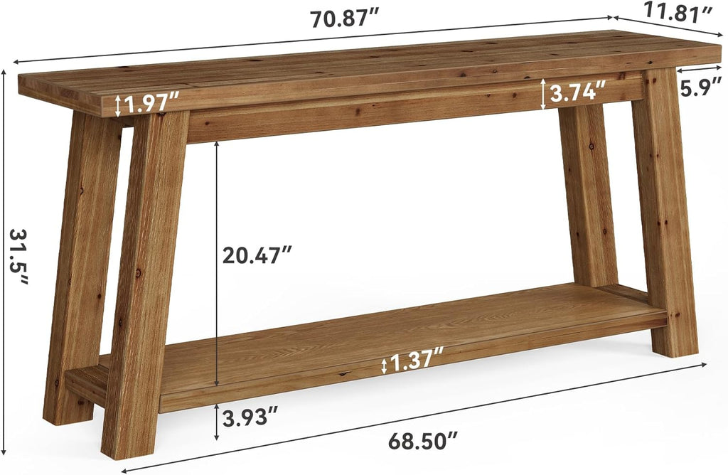 LITTLE TREE 70.9" Solid Wood Console Table for Entryway, 2-Tier Sofa Table Behind Couch, Farmhouse Entryway Table for Living Room, Bedroom, Foyer, Brown