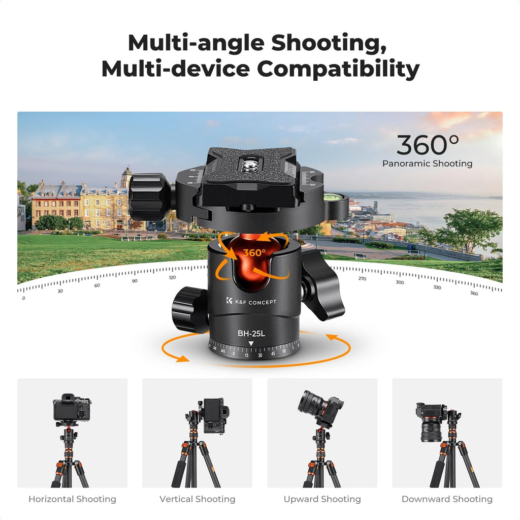 K&F Concept 60 inch Carbon Fiber Camera Tripod,Super Lightweight Compact Travel Tripod with 360 Degree Ball Head,Quick Release Plate,Detachable Monopod 8KG Load Capacity for SLR DSLR C225C0 (BA225)