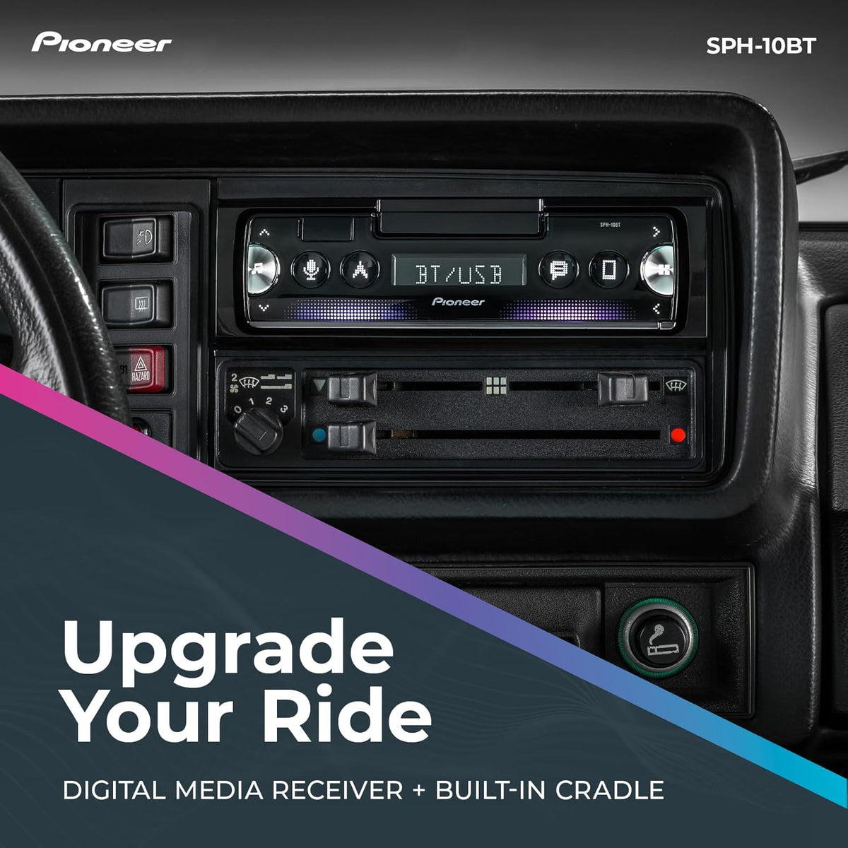 Pioneer SPH-10BT 1-Din Smart Sync Receiver – Bluetooth, Smartphone Mount, Color Change, USB, FLAC, Voice Control, 50W x 4 Output, 13-Band EQ, AM/FM Radio, Front, Rear/SW Selectable RCA Preout