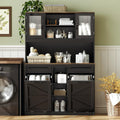 Tall Tilt-Out Double Laundry Hamper Cabinet with 2x11-Gallon Laundry Basket, Trash Bin Cabinet with Fluted Glass Doors, Farmhouse Wooden Bathroom Storage with Push Doors, Black and Walnut