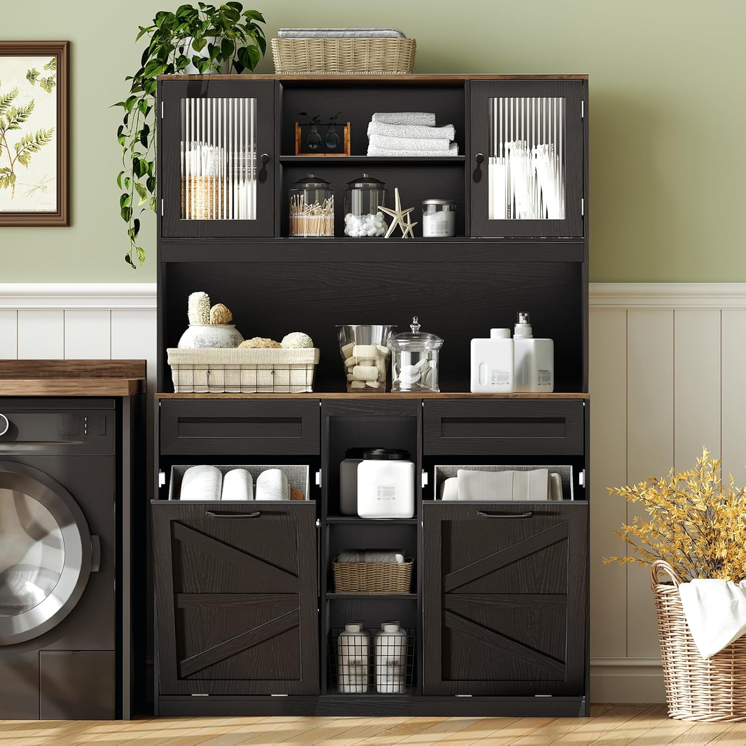 Tall Tilt-Out Double Laundry Hamper Cabinet with 2x11-Gallon Laundry Basket, Trash Bin Cabinet with Fluted Glass Doors, Farmhouse Wooden Bathroom Storage with Push Doors, Black and Walnut