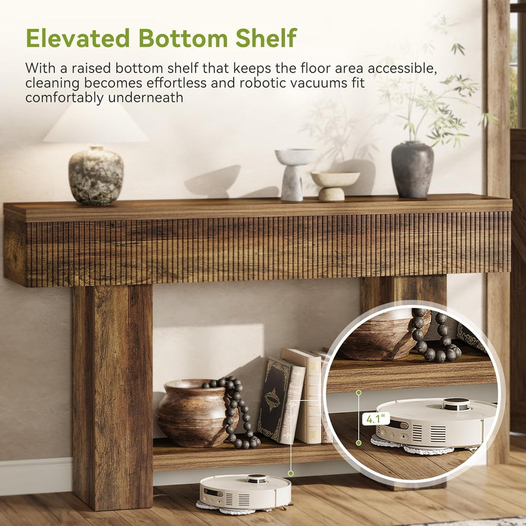 LITTLE TREE 55-Inch Entryway Table with Storage, Farmhouse Console Table for Hallway, 2-Tier Sofa Table for Behind Couch, Rustic Wood Console Table for Living Room & Foyer