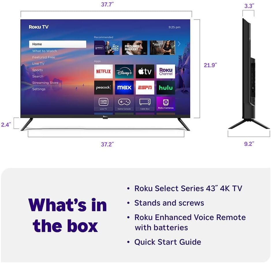 Roku Smart TV 43-Inch Select Series, 4K HDR TV – Roku TV with Roku Remote – Flat Screen LED Television with Wi-Fi for Streaming 43R4C4-2024 Model (Renewed)