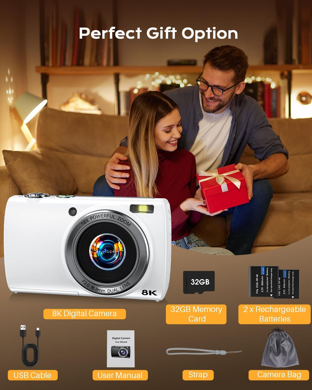 88MP Digital Camera for Photography, 2026 New WiFi 8K Vlog Video Camera for YouTube with Touch Screen, Dual Lens, Autofocus Anti-Shake, 16X Zoom, Small Travel Camera, 32GB TF Card, 2 Batteries, White