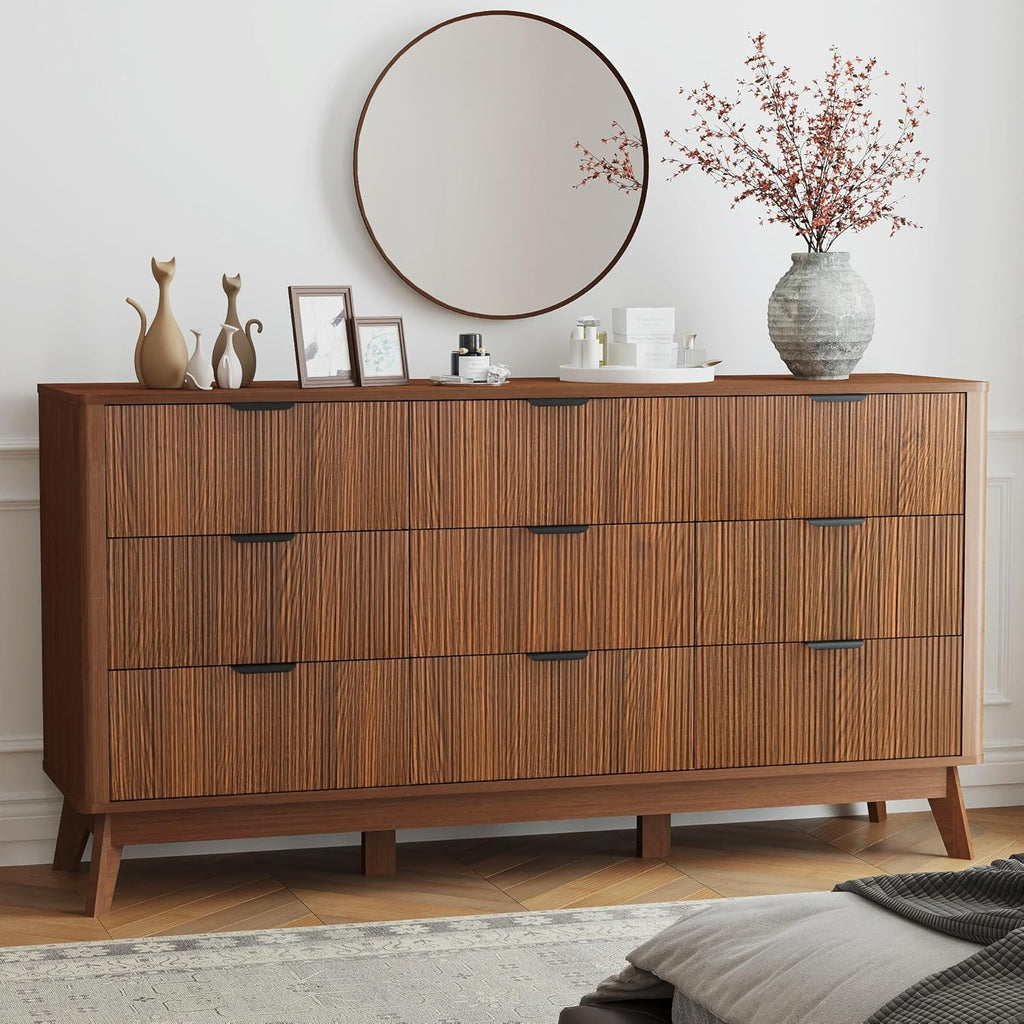 Fluted Dresser for Bedroom,59'' Modern Wooden Walnut Dresser with 9 Drawers, Bedroom Dressers, Natural Wood Chest of Drawers for Living Room, Hallway (Walnut)