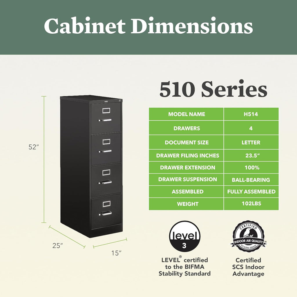 HON 4 Drawer Vertical File Cabinet with Lock, Metal Filing Cabinets with 4-Drawers for Hanging Files and Letter Files, 25" Deep, Black