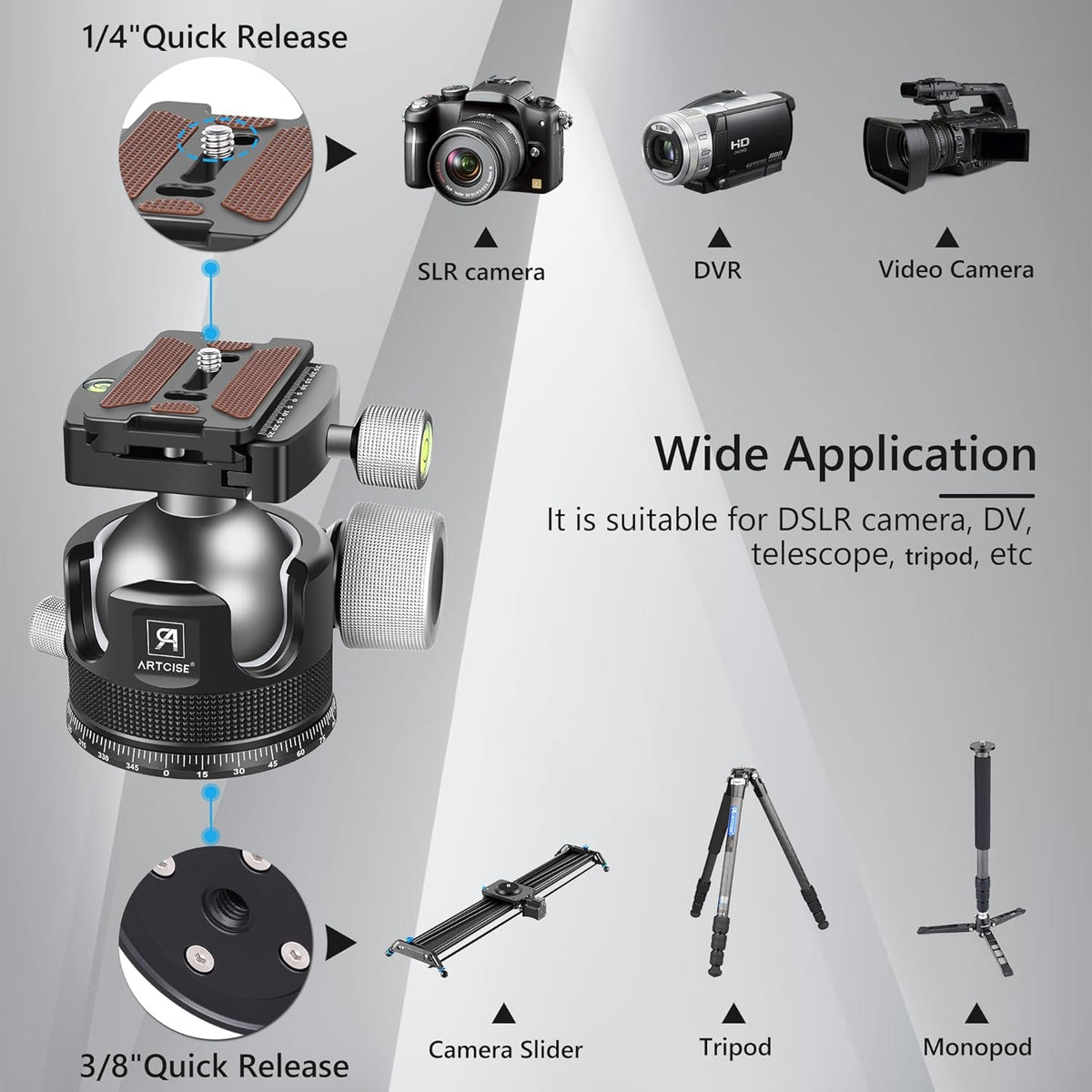 55mm Low Profile Ball Head Tripod Ball Head ARTCISE KB55 Heavy Duty Tripod Head All Metal CNC Machining with Three 1/4" Quick Release Plates for Tripod, Monopod, DSLR, Camcorder, Max Load 88lbs /40kg