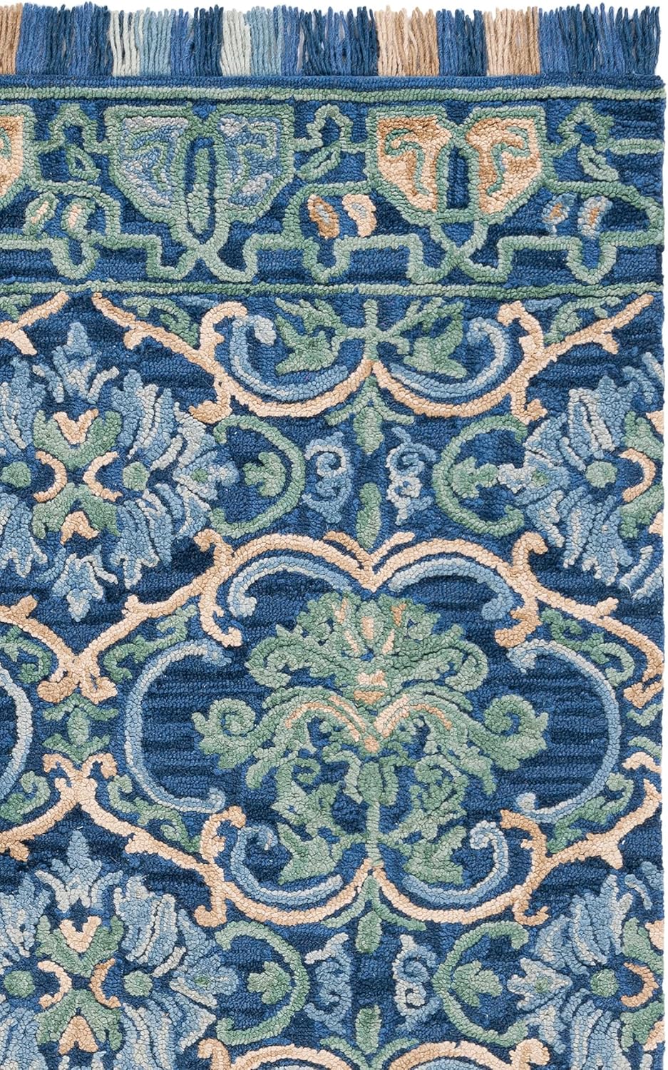 SAFAVIEH Blossom Collection Area Rug - 9' x 12', Navy & Green, Handmade Boho Fringe Wool, Ideal for High Traffic Areas in Living Room, Bedroom (BLM422A)
