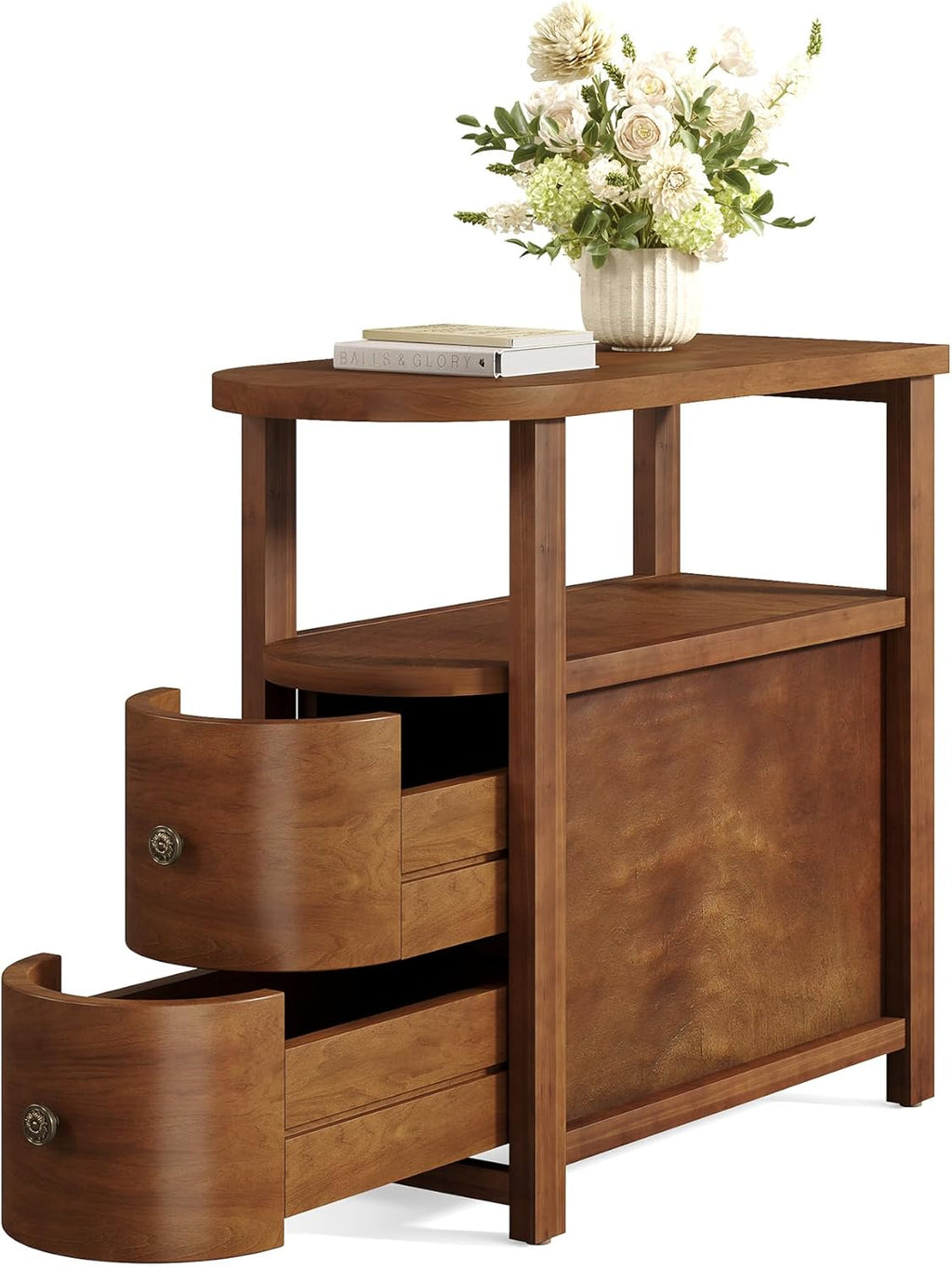 LITTLE TREE Solid Wood End Table with 2 Drawers & Open Shelf, No Assembly Required Side Table for Living Room, Vintage Brown Couch Side Tables, Slim Bedside Table Nightstand for Bedroom