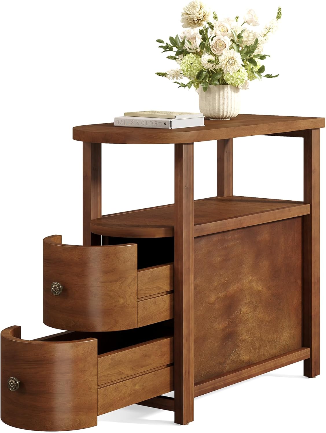 LITTLE TREE Solid Wood End Table with 2 Drawers & Open Shelf, No Assembly Required Side Table for Living Room, Vintage Brown Couch Side Tables, Slim Bedside Table Nightstand for Bedroom